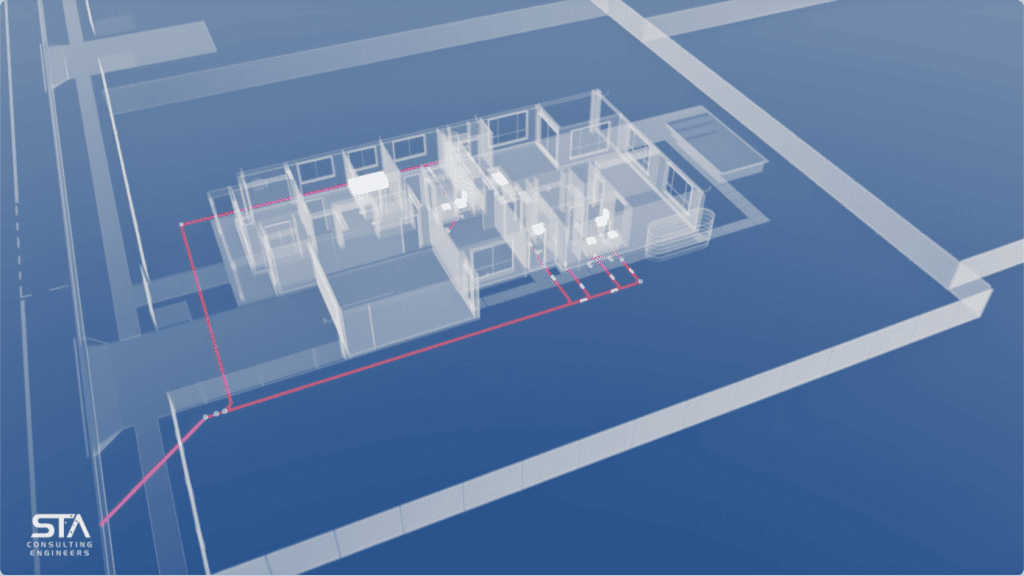 A transparent view of a house showing the sanitary drainage (sewer) pipework plan