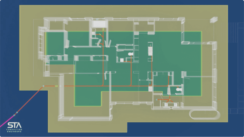 A site-specific sanitary drainage (sewerage) design plan for a house, showing the safe zone